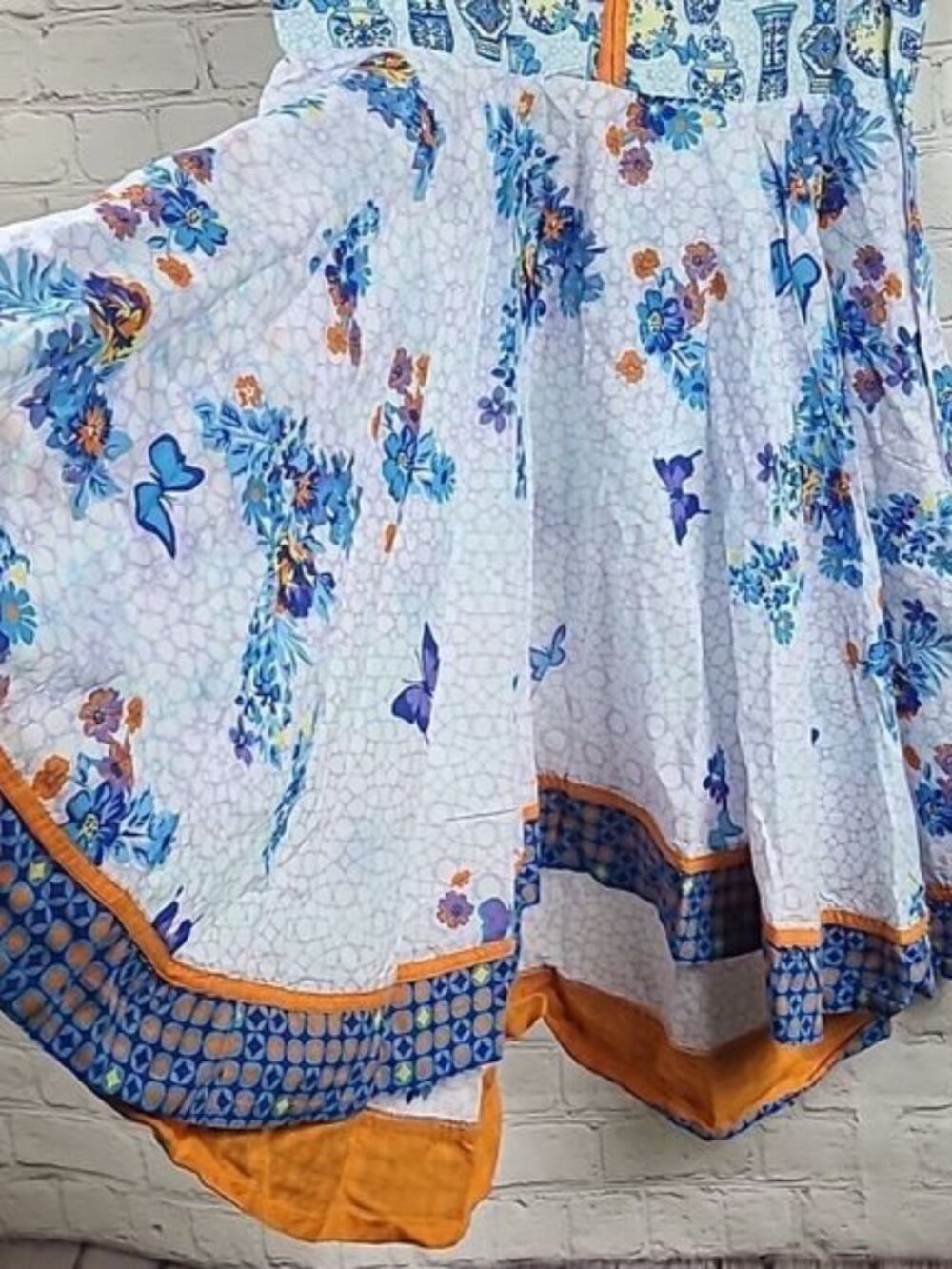 BIBA Girls L/XL Blue Butterfly Cotton Asymmetrical Printed Kurta Indian Dress